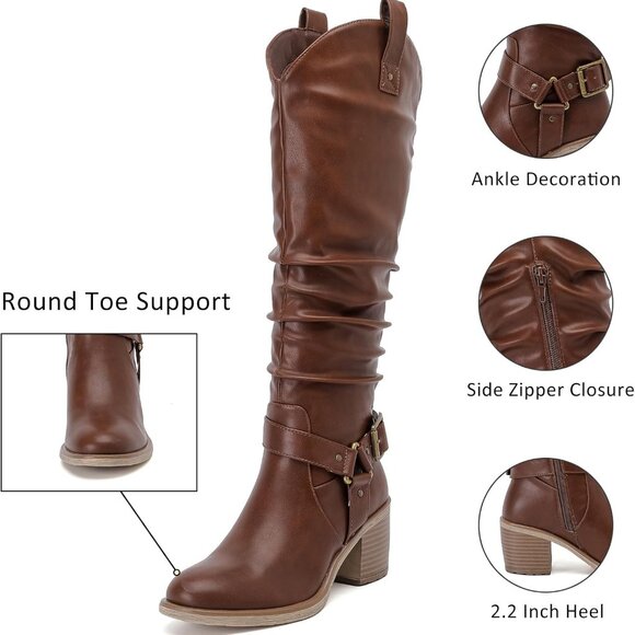 Women's Slouchy Knee High Boots with Chunky Heel Pointed Toe Fall Winter Shoes - Picture 3 of 6